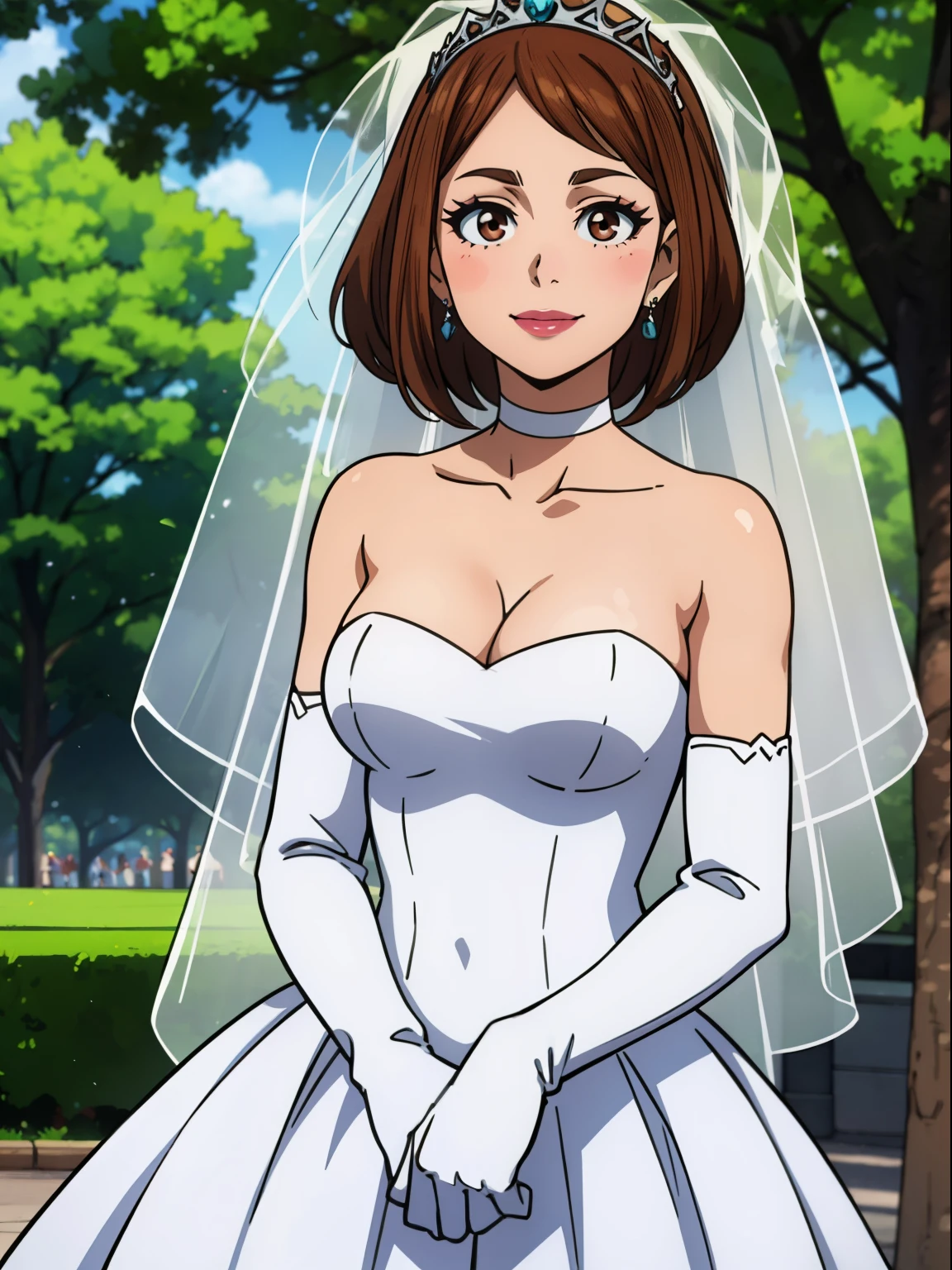 1girl ,ochaco_uraraka, brown eyes ,earrings ,lipstick, eye shadow, makeup, hair between eyes, ahoge, hair ornament, gloves, dress, cleavage, bare shoulders, collarbone, white oprea gloves, white gloves, white dress, strapless, white choker, tiara, veil, strapless dress, wedding dress, bridal veil, beautiful woman, perfect body, perfect breasts, wearing a wedding dress, ball gown, in the park trees, wedding decorations, looking at the viewer,  smile, realism, masterpiece, textured skin, super detail, high detail, high quality, best quality, 1080p,