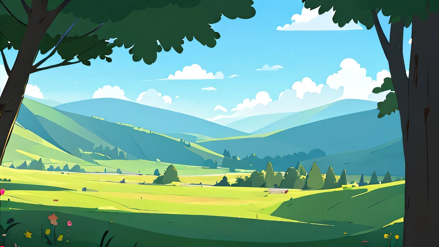 A nearby green train pulls a red cargo box behind it,Open from left to right,A certain angle from top to bottom,There is a track under the train。Behind is a large green grassland,There is a fence on the grass。Behind are green jungles and blue distant mountains。How many small clouds are floating in the blue sky,Vector illustration style