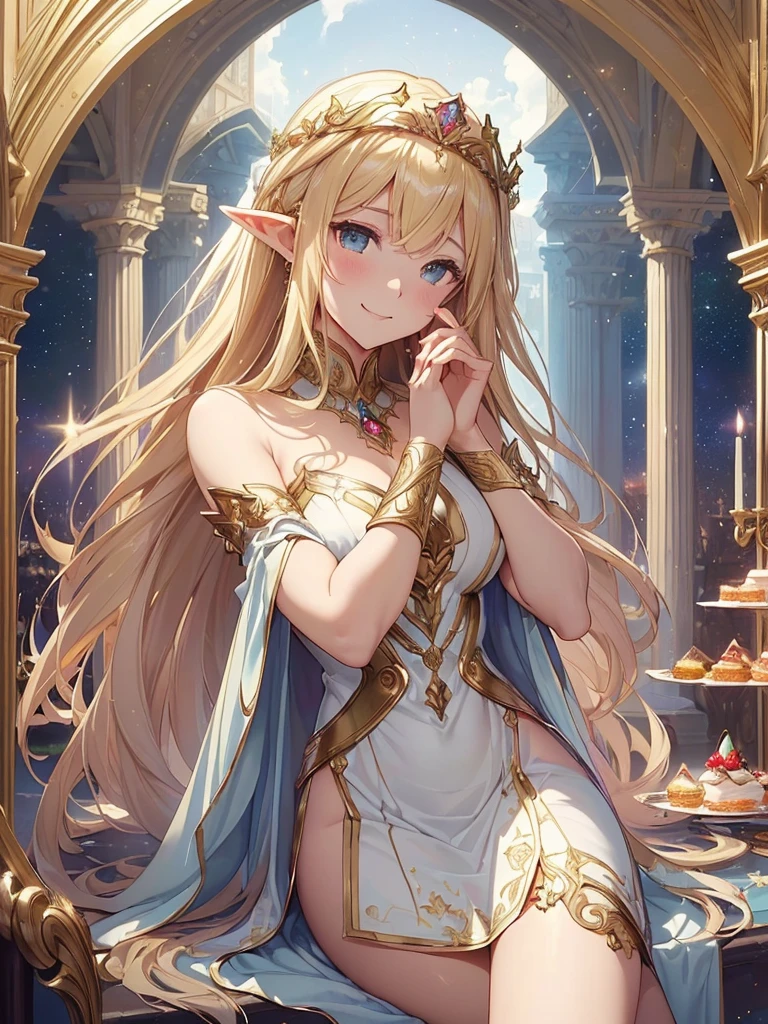 highest quality、Highest image quality、masterpiece、Super beautiful elf beauty sending a huge cake((22 years old OL big bust、bust 90,beautiful long ironed hair、blonde、、slender、Close-up、Esbian、beautiful tiara、High quality、beautiful art、background((starry ski)))muste piece、visual art、Depth of bounds written、low angle of morning sky、、elf ears、、magic of light、space knight、harp melody🎵、A happy smile、gentle light、、Beautiful legs that are gentle on the skin、、、Number of fingers to achieve precise finger movements、ticker beautiful decorative、elegant、mystical rosa、 heaven、marble columns, beautiful dressy、magnificent marble dome、giant galaxy、amazing strawberry cake、celebration!anniversary、myth、alphonse mucha art、art nouveau、ancient greece、Rome、byzantine art、gold foil、Raphael's paintings、renaissance art、Lord of the Ring、sexy、friendly smile、party、🍰huge cake for party、delicious、Super huge