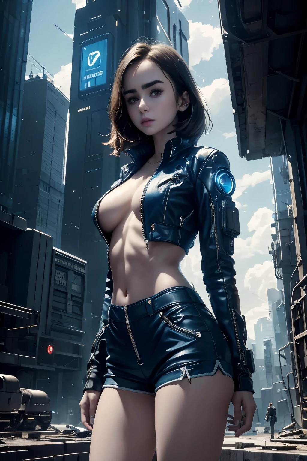 Lily Collins,Tall figure,skin,Upper body shorts,shorts,button,zipper,Complex workmanship,icon,company logo,Emit blue light,background with,future technology,cyberpunk city,Large mechanical building,big gear,doomsday ruins,giant tornado,Blue sky and white clouds