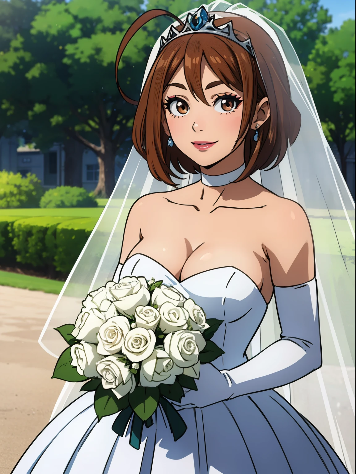 1girl ,ochaco_uraraka, brown eyes ,earrings ,lipstick, eye shadow, makeup, hair between eyes, ahoge, hair ornament, gloves, dress, cleavage, bare shoulders, collarbone, white oprea gloves, white gloves, white dress, strapless, white choker, tiara, veil, strapless dress, wedding dress, bridal veil, beautiful woman, perfect body, perfect breasts, wearing a wedding dress, ball gown, in the park trees, wedding decorations, looking at the viewer,  smile, realism, masterpiece, textured skin, super detail, high detail, high quality, best quality, 1080p,