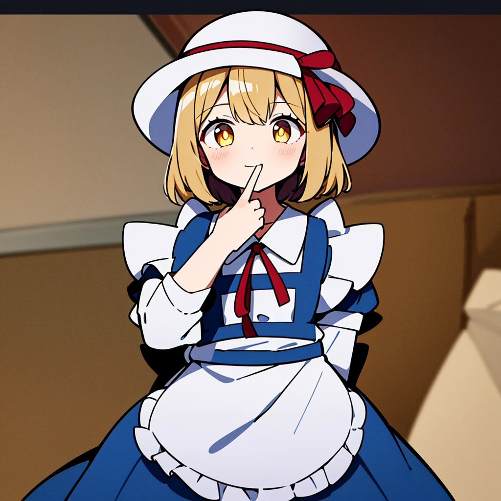 masterpiece, best quality, 1 girl, , child, 10 years ol, red ribbon, middle blonde hair, golden eyes, short puffy sleeves, white clothes, white apron, blue skirt, blue ruffles, collarbone, gentle smile, Kana Anaberal, Poltergeist, pinafore, from behind