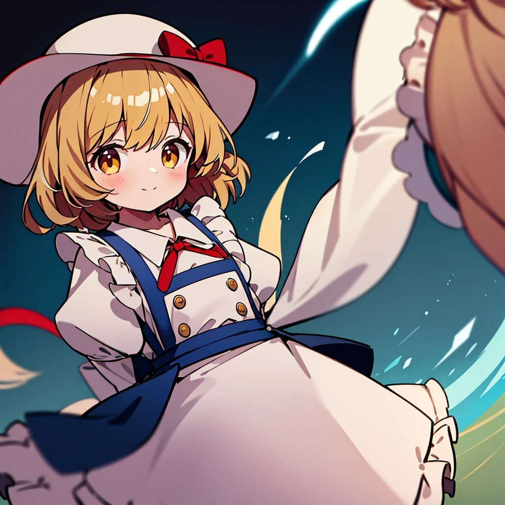 masterpiece, best quality, 1 girl, little girl, child, 10 years old, white hat, red ribbon, middle blonde hair, golden eyes, short puffy sleeves, white clothes, white apron, blue skirt, blue ruffles, collarbone, gentle smile, Kana Anaberal, Poltergeist, pinafore, from behind