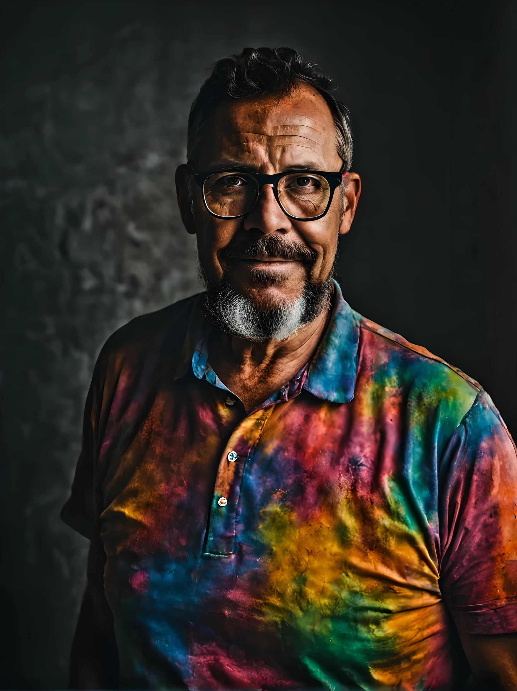 Portrait of a 48 year old man wearing glasses, seu rosto coberto de respingos de tinta colorida. Your clothes are also stained with colored paint. O fundo apresenta uma parede com respingos de tinta em estilo splash. Fotografia realista e detalhada. Chiaroscuro lighting, 8k resolution.