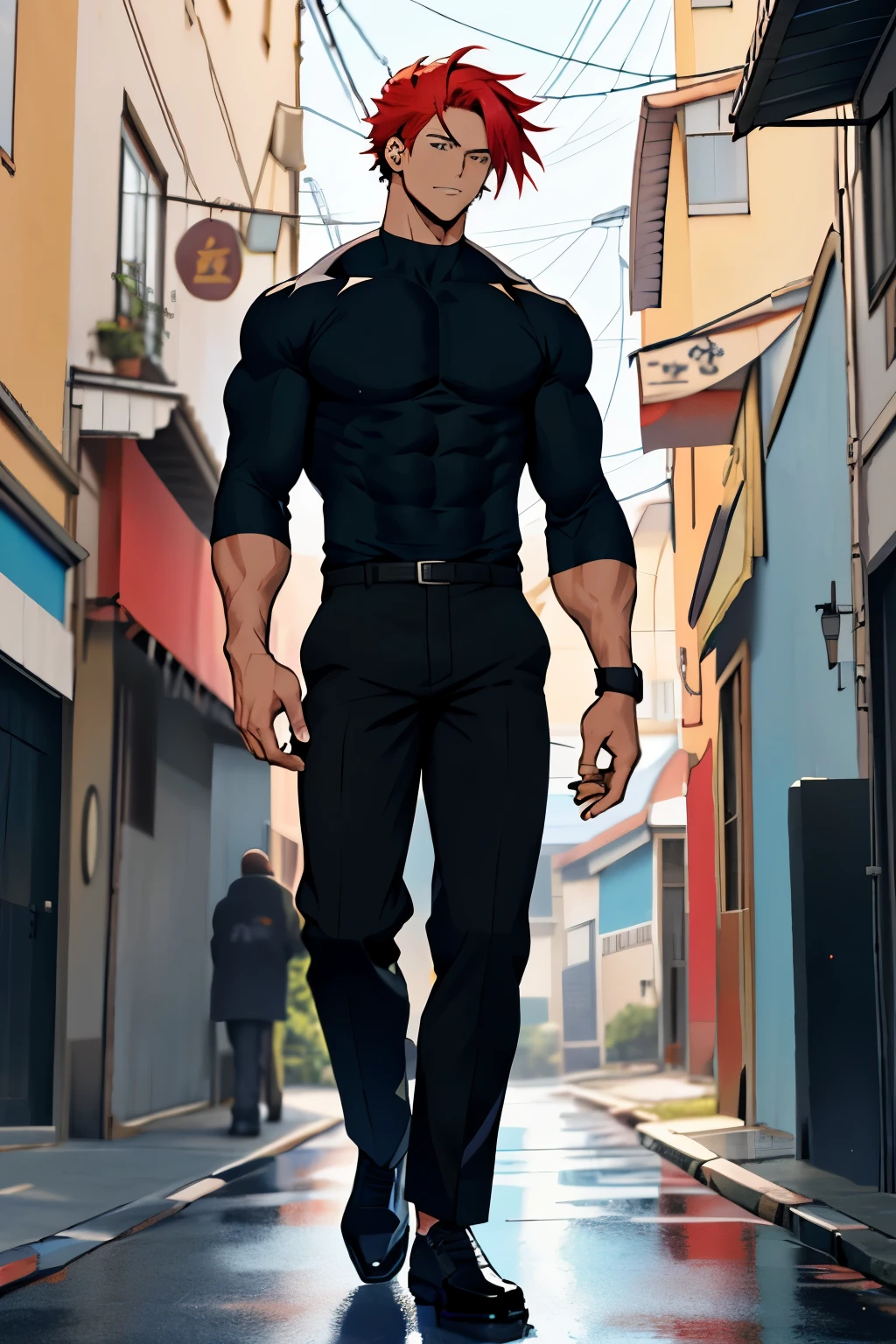 anime character With red hair and black pants standing in front of a background With a street, Personagem de anime masculino, Cabelo longo humanoide, Personagem de anime, C, com longos cabelos ruivos, personagem adulto, personagem estilo anime, Anime FaCe Tall Com olhos azuis, Single-body full-body character, wearing a Grey Long-Sleeved Shirt and black pants and wearing black shoes, He has the physique of a skinny athlete and is very high art of official character, como uma pessoa real, conceito de corpo inteiro