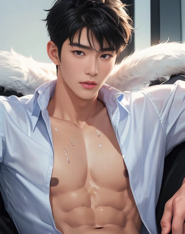 ((High quality)), ((masterpiece)), ((highly detailed)), perfect face, realistic, ((man)), ((Asian)), young, black hair, comma hair cut style, ((handsome)), detailed eyes, beautiful detailed nose, realistic body, realistic light, comfortable expressions, cute guy, sweat guy, cool guy, mascular body, shirtless