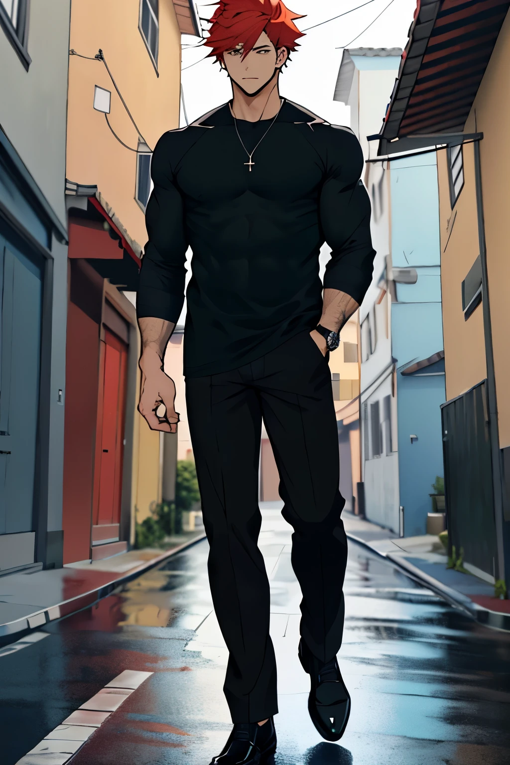 anime character With red hair and black pants standing in front of a background With a street, personagem de anime masCulino, Cabelo longo humanoide, personagem de anime, C, Com longos Cabelos ruivos, personagem adulto, personagem estilo anime, Anime FaCe Tall Com olhos azuis, Single-body full-body character, wearing a Grey Long-Sleeved Shirt and black pants and wearing black shoes, He has the physiCo of a skinny athlete and is very high art of ophicial character, Como uma pessoa real, ConCeito de Corpo inteiro