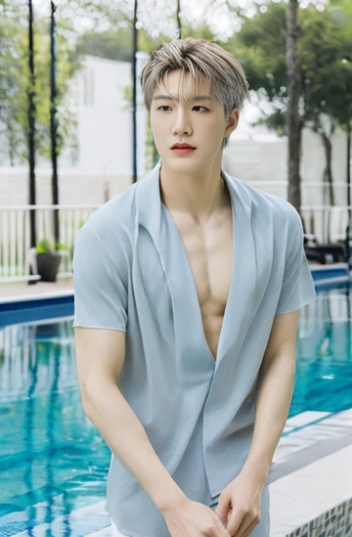 Jenov2, Facing the front, (Masterpiece, Special quality, high resolution, 8ก, complicated: 1.2), (detailed face:1.2), (topless:1.2), swimming pool background, handsome, Medium length gray hair, Fine skin, hair follicles, nonsense, 1 boy, focus man, ((realistic)), good lighting quality, ((Pale skin)), brown eyes, perfect, Take off your shirt.,