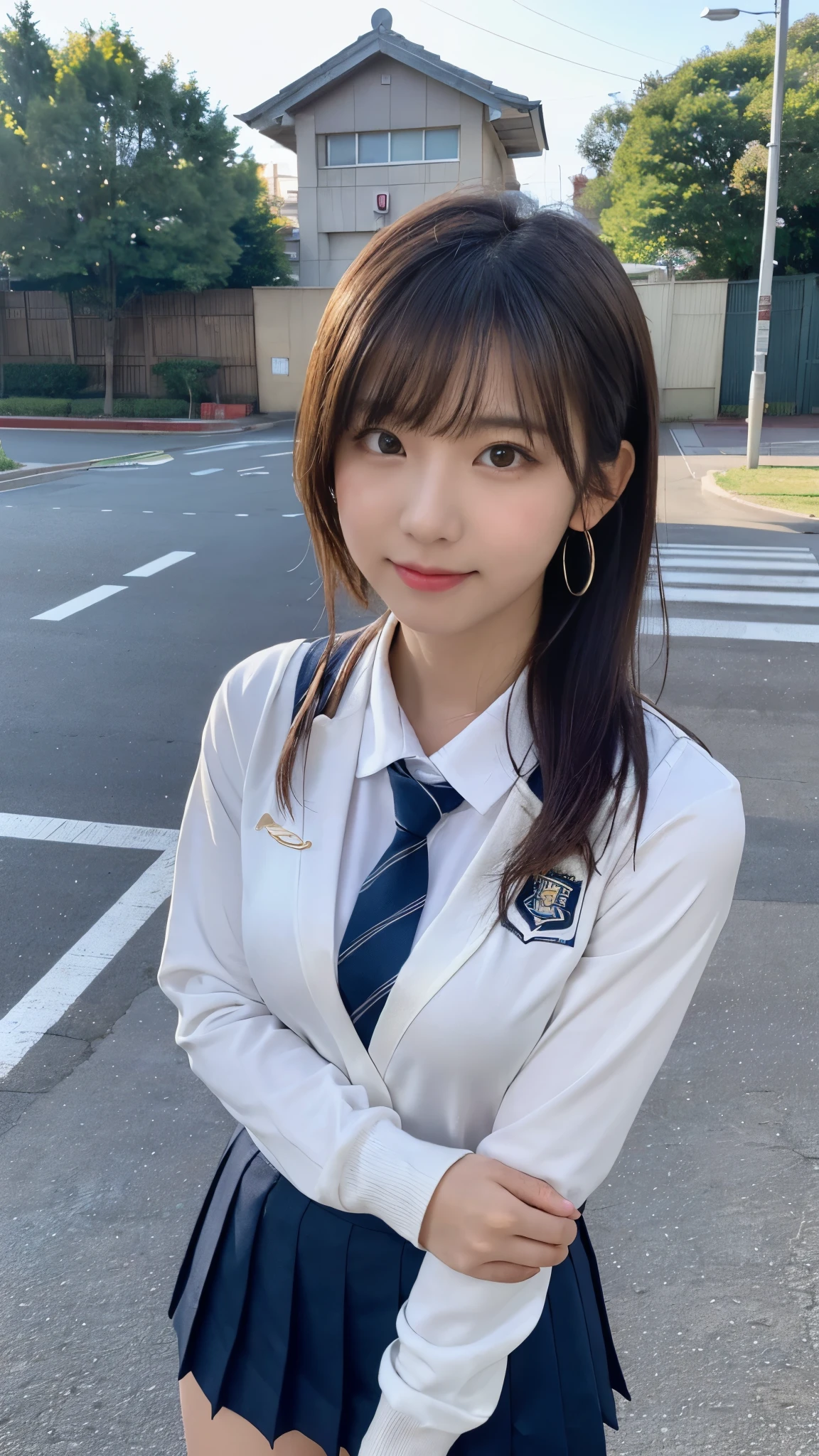 mix 4, (16K, Raw photo, best image quality, masterpiece: 1.45), (realistic, Photoreal: 1.37), one girl, cute, cityscape,, professional lighting, photon mapping, school classroom, Physically based rendering, dark brown hair,ponytail hairstyle, Beautiful well-groomed eyes、((double eyelid))、super cute girl, (((school uniform、blazer、Long-sleeved shirts worn by Japanese high school girls、ribbon tie、Navy blue super super super mini skirt,、dark blue socks、black loafers))), highest quality photos, High resolution, 1080P, (clear face), (Detailed facial description), (detailed description of hands), (masterpiece), (Detailed CG)、extreme light and shadow、messy hair、master work、Rich details、(detailed facial features)、(highest quality photos)、(Masseter muscle part)、(detailed eye)、look in front of you、thin clavicle、((slender and big))、(((Japanese high school girls wear long-sleeved shirts)))、((neat idol))、((school gate、schoolyard、School building in the background))、(Take photos from random viewpoints)、(((Anyway it&#39;s cute)))、earrings、big smile、Draw the whole body from the knees、Do not draw fine lines、(((Sports bags used by Japan schoolgirls)))、(small breasts:1.2)、small buttocks with tension、Two arms and two legs、(((from the front:0.7)))、bare hands、(((symmetrical eyes)))、standing pose、put your hands on the desk、Do not remove the tie from the jacket､