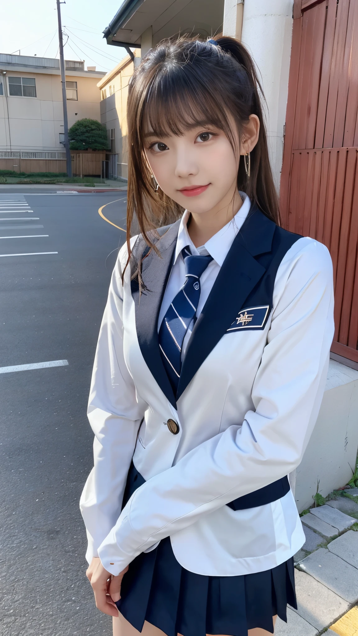 mix 4, (16K, Raw photo, best image quality, masterpiece: 1.45), (realistic, Photoreal: 1.37), one girl, cute, cityscape,, professional lighting, photon mapping, school classroom, Physically based rendering, dark brown hair,ponytail hairstyle, Beautiful well-groomed eyes、((double eyelid))、super cute girl, (((school uniform、blazer、Long-sleeved shirts worn by Japanese high school girls、ribbon tie、Navy blue super super super mini skirt,、dark blue socks、black loafers))), highest quality photos, High resolution, 1080P, (clear face), (Detailed facial description), (detailed description of hands), (masterpiece), (Detailed CG)、extreme light and shadow、messy hair、master work、Rich details、(detailed facial features)、(highest quality photos)、(Masseter muscle part)、(detailed eye)、look in front of you、thin clavicle、((slender and big))、(((Japanese high school girls wear long-sleeved shirts)))、((neat idol))、((school gate、schoolyard、School building in the background))、(Take photos from random viewpoints)、(((Anyway it&#39;s cute)))、earrings、big smile、Draw the whole body from the knees、Do not draw fine lines、(((Sports bags used by Japan schoolgirls)))、(small breasts:1.2)、small buttocks with tension、Two arms and two legs、(((from the front:0.7)))、bare hands、(((symmetrical eyes)))、standing pose、put your hands on the desk、Do not remove the tie from the jacket､