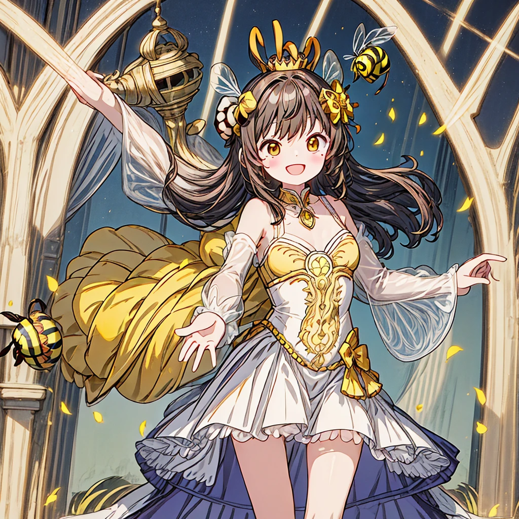 /Character
(1 cute queen bee girl with Luxurious Crown and hair ornament on head:1.6),
BREAK
//Fashion
Bumblebee Ballerina Grace,
Wear a ballet-inspired tutu skirt featuring black and yellow layers with small bee appliqués or prints for a graceful ballerina look,
BREAK
Create a cute headband with bee antenna details, adding a playful touch to the ballerina ensemble,
BREAK
Pair the skirt with a leotard featuring bee prints or patterns, enhancing the overall bee-inspired theme,
BREAK
Choose yellow ballet flats for a comfortable and dance-ready footwear option, complementing the ballerina aesthetic,
BREAK
Attach delicate bee wings to the back for a whimsical and charming touch, transforming the costume into a balletic bee ensemble, 
BREAK
masterpiece,High quality, high resolution, anime, (Front of upper body view and focus face:1.2), warm sunshine, (she is blessing and dansing like a ballerina:1.6), looking happy,  glossy dark brown hair, big brown eyes, smiling face, happy mouth, thick lips, Light makeup and dark lipstick, glossy, modest, young, slender, floral embroidery, dancing honeybee petals, fine sunny daytime happy atmosphere, (Glowing Aura of happiness behind her:1.4), Bright Blessing Atmosphere, background is  garden Stage in Nature with rich and delicate