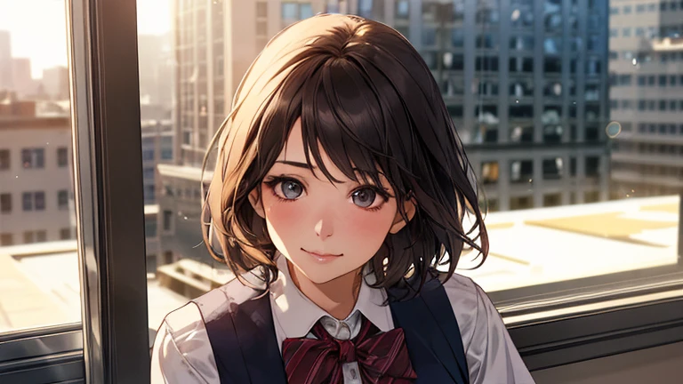 1 girl, mature woman, vest, bow, highest quality, hire, detailed face, office, building from the window, detailed background, diffused sunlight, Depth of bounds written, Bokeh