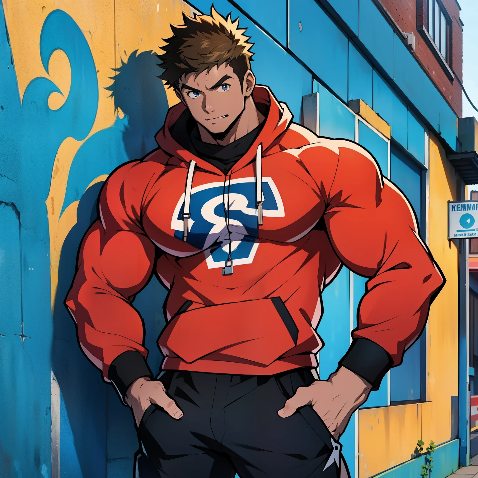 ((arte estilo anime)), imagem superior, angulo de cima para baixo, personagem masculino extremamente musculoso, corpo de bodybuilder, wearing a long-sleeved blouse with hood covering the head, Character is leaning against a wall with his hands in his pockets, Scenery of the Urban Center, rua movimentada, buildings, pessoas e veiculos. Personagem protagonista de anime, imagem bonita, hard disk, 4k, Protagonist character leaning against a wall with his hands in his pockets, (((imagem angulo superior)))