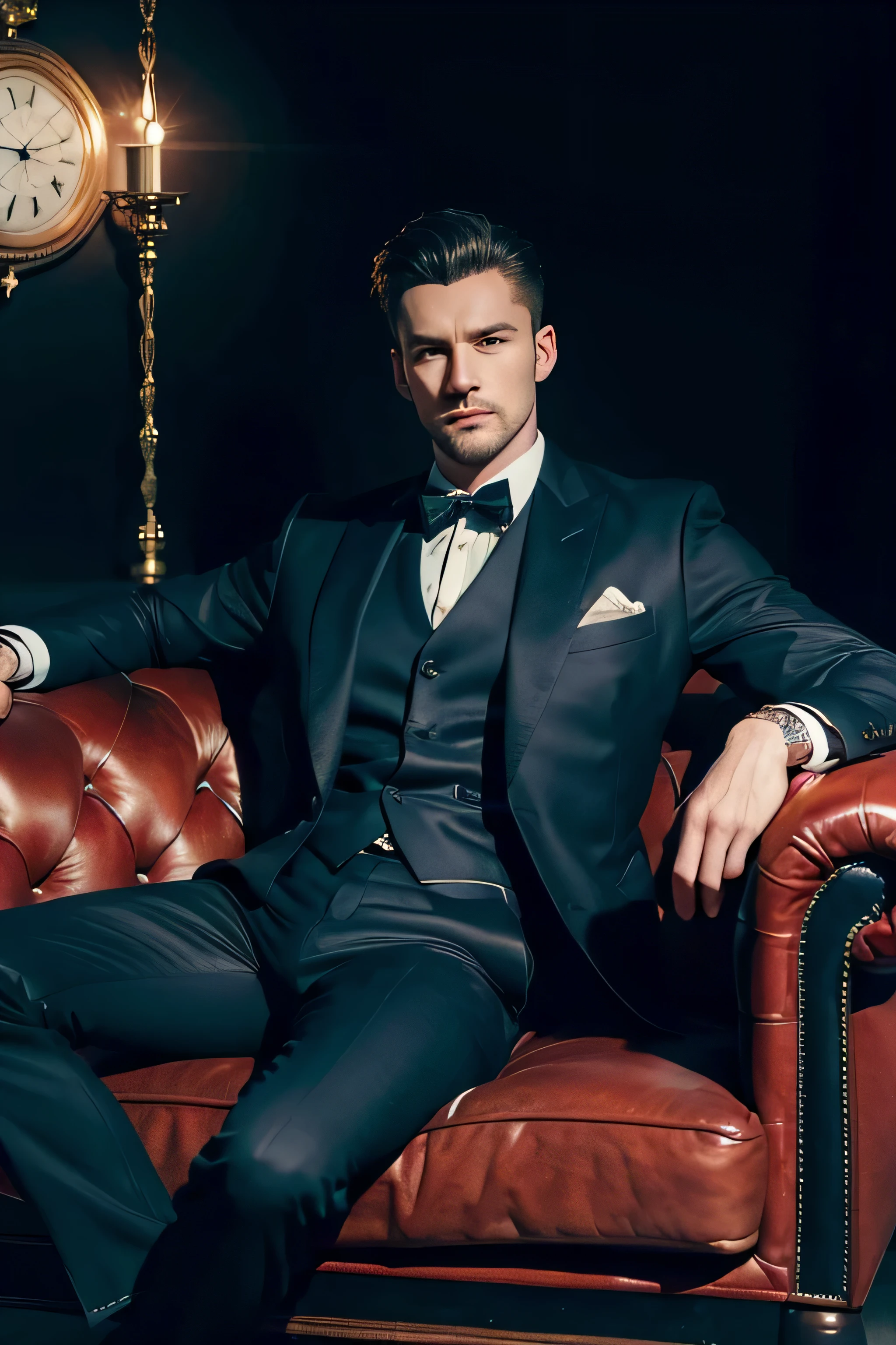 (best quality,masterpiece:1.2),detailed,perfect face, full body photo of european male hypnotist in navy suit, with a swinging a hypnotic pocket watch, sitting on a red chesterfield sofa,in a dark mysterious setting,portrait,sharp focus,vivid colors,dramatic lighting