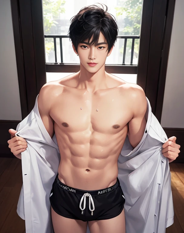 ((High quality)), ((masterpiece)), ((highly detailed)), perfect face, realistic, ((man)), ((Asian)), young, black hair, comma hair cut style, ((handsome)), detailed eyes, beautiful detailed nose, realistic body, realistic light, comfortable expressions, cute guy, sweat guy, cool guy, mascular body, shirtless