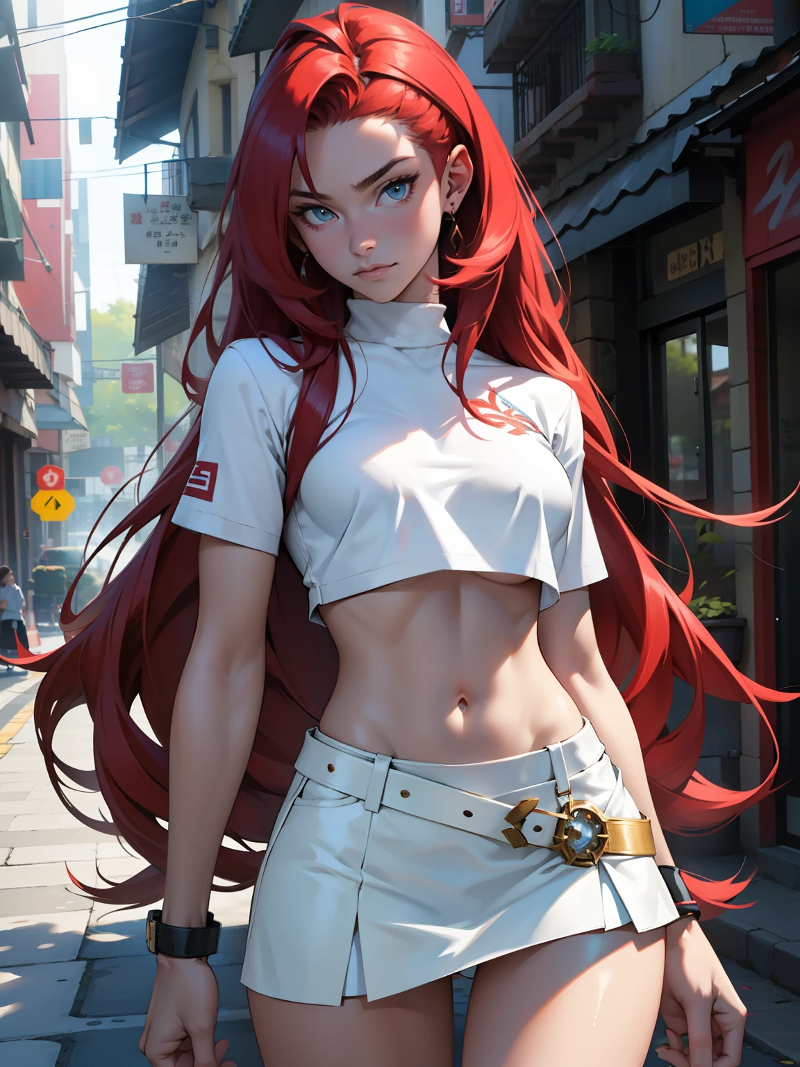 Photo, Best quality, high resolution 8k,most beautiful teenager,19 years old, white skin, ultra detailed, European, long hair, red hair,hair combed back,perfect body, exuberant exotic, erotic, slender arms, big breasts, narrow waist, slim thighs, thigh gap, very well detailed, tight mini skirt, white skirt, crop top, underboob, Jessie pokemon, 