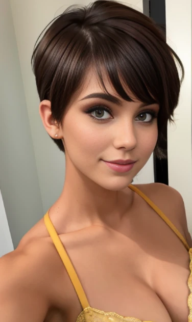 Photo of a 15-year-old European girl, .RAW, beautiful woman,pecas en mejillas y pecho ,hermosos  ojos azules(Light brown hair pixie haircut),corte de cabello pixie desalineado ((retrato)), ((Cara detallada:1.2)), ((Detailed facial features)), (Piel finamente detallada)  ,lindo maquillaje, Purple eyeshadows on eyelids ,Un sexy(cool color), (Masutepiece) (proporciones perfectaotos realistas)(La mejor calidad), NffSW, (8k) (papel tapiz) (cinematic lighting) (Dramatic lighting) (sharp focus) (Enrevesado) , fondo variado , linda sonrisa, foto de cuerpo completo , posando para foto , gargantilla negra , aretes de clip , maquillaje , labios rojos , sombra de ojos morada , hermosa desnudes , desnuda , showing , alegre