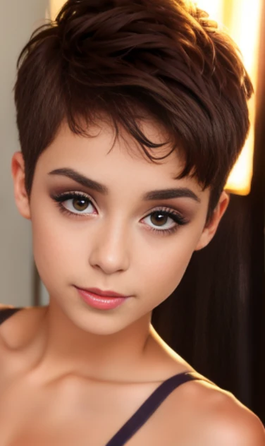 Photo of a -yeld Euean girl, .RAW, beautiful woman,pecas en mejillas y pecho ,hermosos  ojos azules(Light brown hair pixie haircut),corte de cabello pixie desalineado ((retrato)), ((Cara detallada:1.2)), ((Detailed facial features)), (Piel finamente detallada)  ,lindo maquillaje, Purple eyeshadows on eyelids ,Un sexy(cool color), (Masutepiece) (proporciones perfectaotos realistas)(La mejor calidad), NffSW, (8k) (papel tapiz) (cinematic lighting) (Dramatic lighting) (sharp focus) (Enrevesado) , fondo variado , linda sonrisa, foto de cuerpo completo , posando para foto , gargantilla negra , aretes de clip , maquillaje , labios rojos , sombra de ojos morada , hermosa desnudes , desnuda , showing , alegre