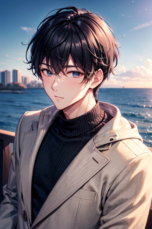 a handsome guy、winter clothing、20代の男性、Black short-haired、long sleeve、Sea view park、High resolution、In 8K、sharp focus、zoom、with the best image quality