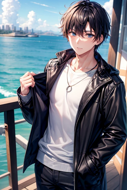 a handsome guy、winter clothing、20代の男性、Black short-haired、long sleeve、Sea view park、Yokohama、High resolution、In 8K、sharp focus、zoom、with the best image quality