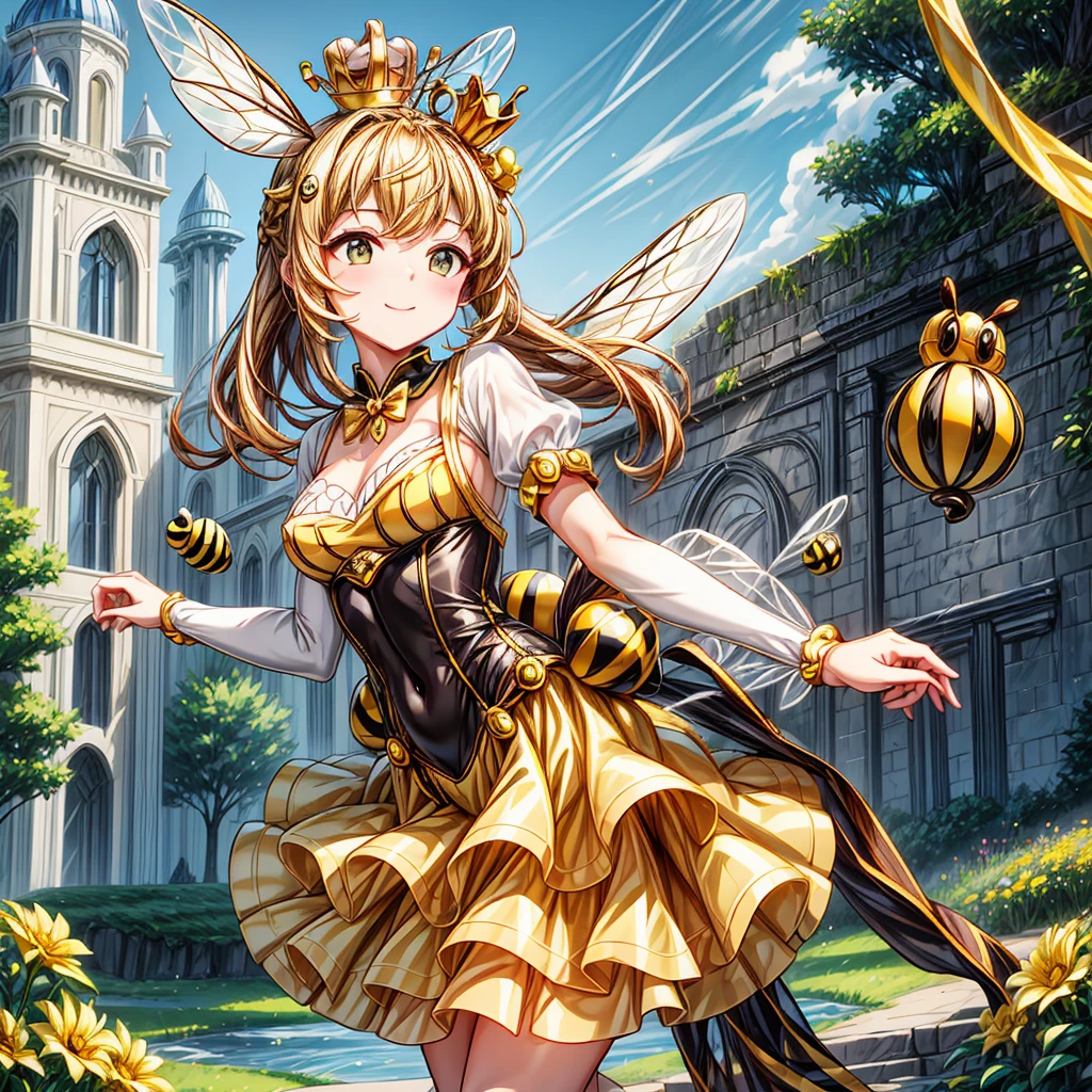 /Character
(1 cute queen bee girl with Luxurious Crown and hair ornament on head:1.8),
BREAK
//Fashion
Bumblebee Ballerina Grace,
Wear a ballet-inspired tutu skirt featuring black and yellow layers with small bee appliqués or prints for a graceful ballerina look,
BREAK
Create a cute headband with bee antenna details, adding a playful touch to the ballerina ensemble,
BREAK
Pair the skirt with a leotard featuring bee prints or patterns, enhancing the overall bee-inspired theme,
BREAK
Choose yellow ballet flats for a comfortable and dance-ready footwear option, complementing the ballerina aesthetic,
BREAK
Attach delicate bee wings to the back for a whimsical and charming touch, transforming the costume into a balletic bee ensemble,
BREAK
masterpiece,High quality, high resolution, anime, (Front of upper body view and focus face:1.2), warm sunshine, (she is blessing and dansing like a ballerina:1.6), looking happy, glossy dark brown hair, big brown eyes, smiling face, happy mouth, thick lips, Light makeup and dark lipstick, glossy, modest, young, slender, floral embroidery, dancing honeybee petals, fine sunny daytime happy atmosphere, (Glowing Aura of happiness behind her:1.4), Bright Blessing Atmosphere, background is garden Stage in Nature with rich and delicate