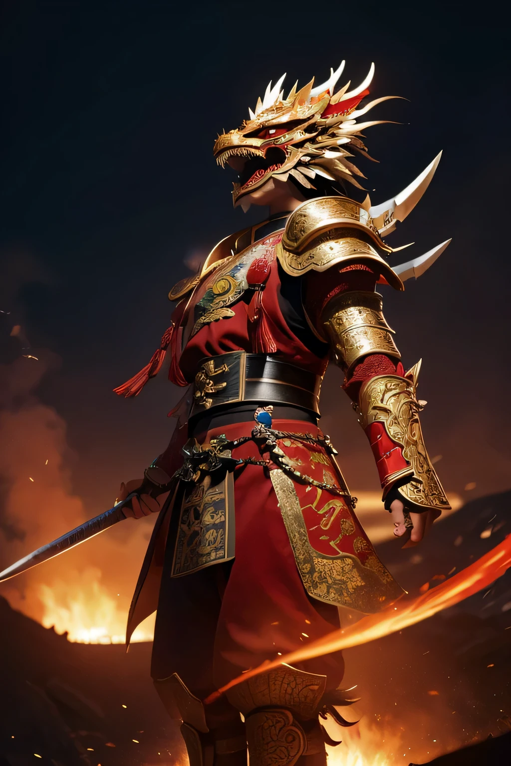 ,Wearing Chinese armor,The armor has the image of a Chinese dragon,The main color should not be too dark,There is no pose,There are mounts