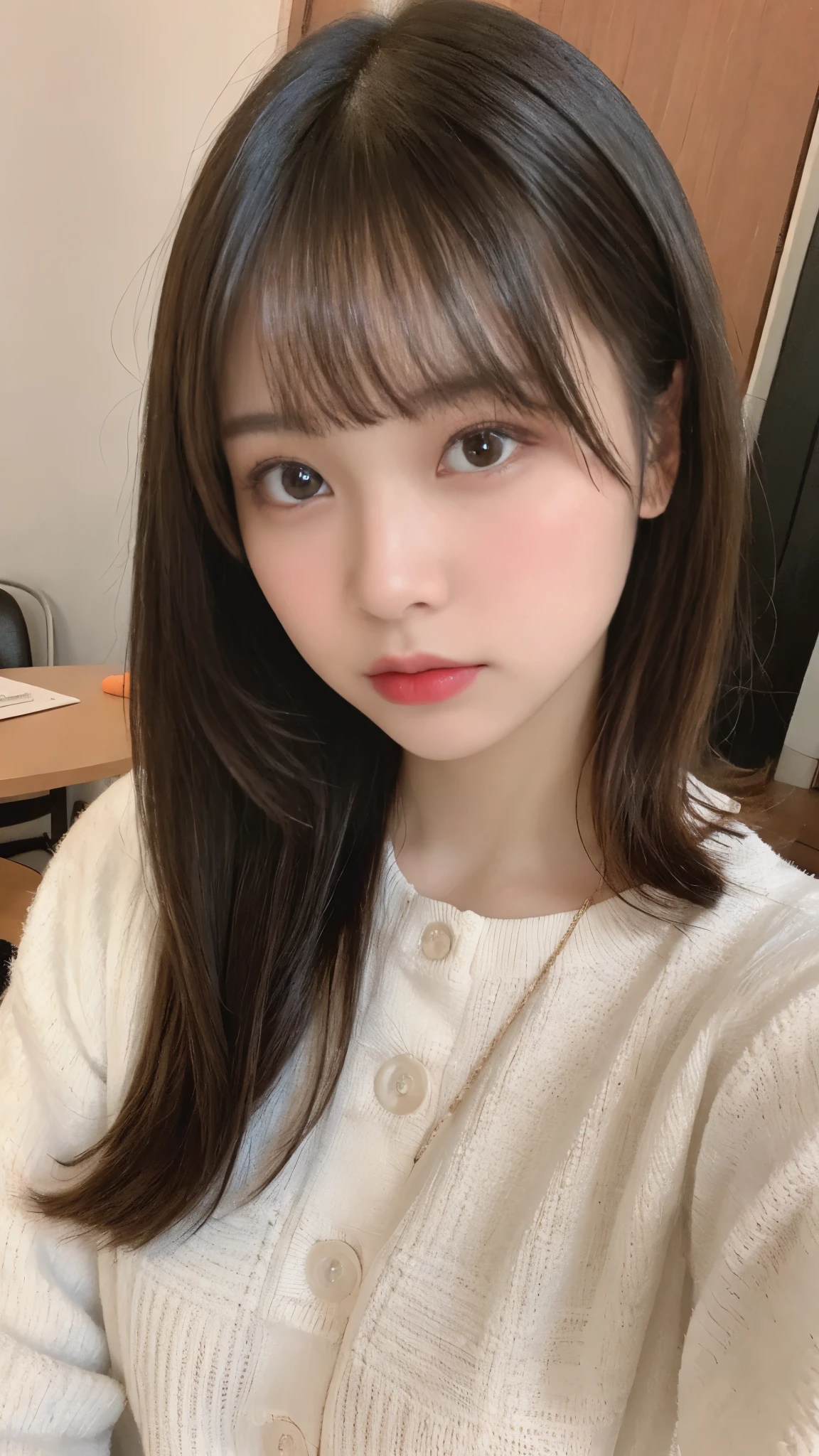 table top, highest quality, figure, super detailed, finely, High resolution, 8k wallpaper, 完璧なダイナミックな構figure, beautiful and fine eyes, woman&#39;s fashion fluffy winter clothes,medium hair,small breasts natural color lip, bold sexy pose、20 year old girl、cute、sexy shot looking at camera,RAW photo,anatomically correct body,blur the background,perfect and beautiful face,KPOP idol face,Slim face and body