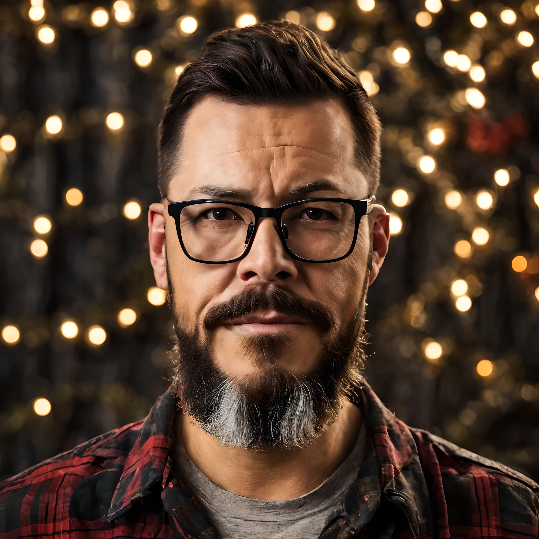 Create a detailed and realistic front-facing portrait, capturing the shoulders and head of a man with glasses, a lumberjack beard, dark brown eyes, and black military-style haircut. He will be wearing a flannel checkered shirt with a white T-shirt underneath. The background should feature a bokeh style with soft lighting to enhance the intricacies of the portrait.