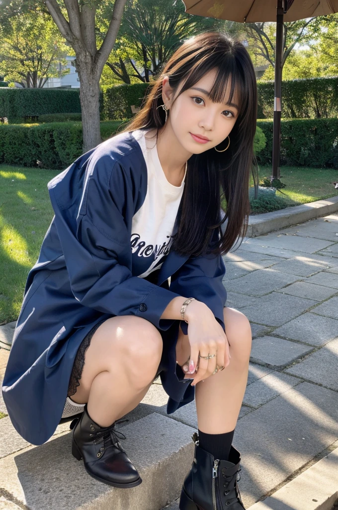 ight,outside In town,冬のイルミネーション,夜のライトアップ,cowboy shot,standing,fashion model posing,lace-up boots,(leather skirt),(duffel coat),earrings,knee-high socks,bracelet,sideswept bangs,(シルバーの髪色),(ふともも),Ultra-realistic capture, Highly detailed, High resolution 16k close-up of human skin,Skin texture must be natural, With such detail that pores can be finely identified,Skin should look healthy, In a uniform tone,Use natural light and color,snicker,