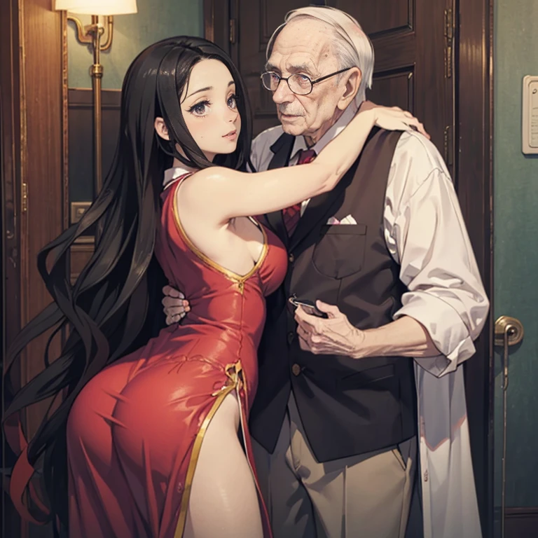 (((Beautiful woman with a big sexy ass hugging a 90 year old man))), mulher de vestido sexy, sala mobiliada, (((90 year old man hugging a woman))), corpo inteiro, olhos azuis