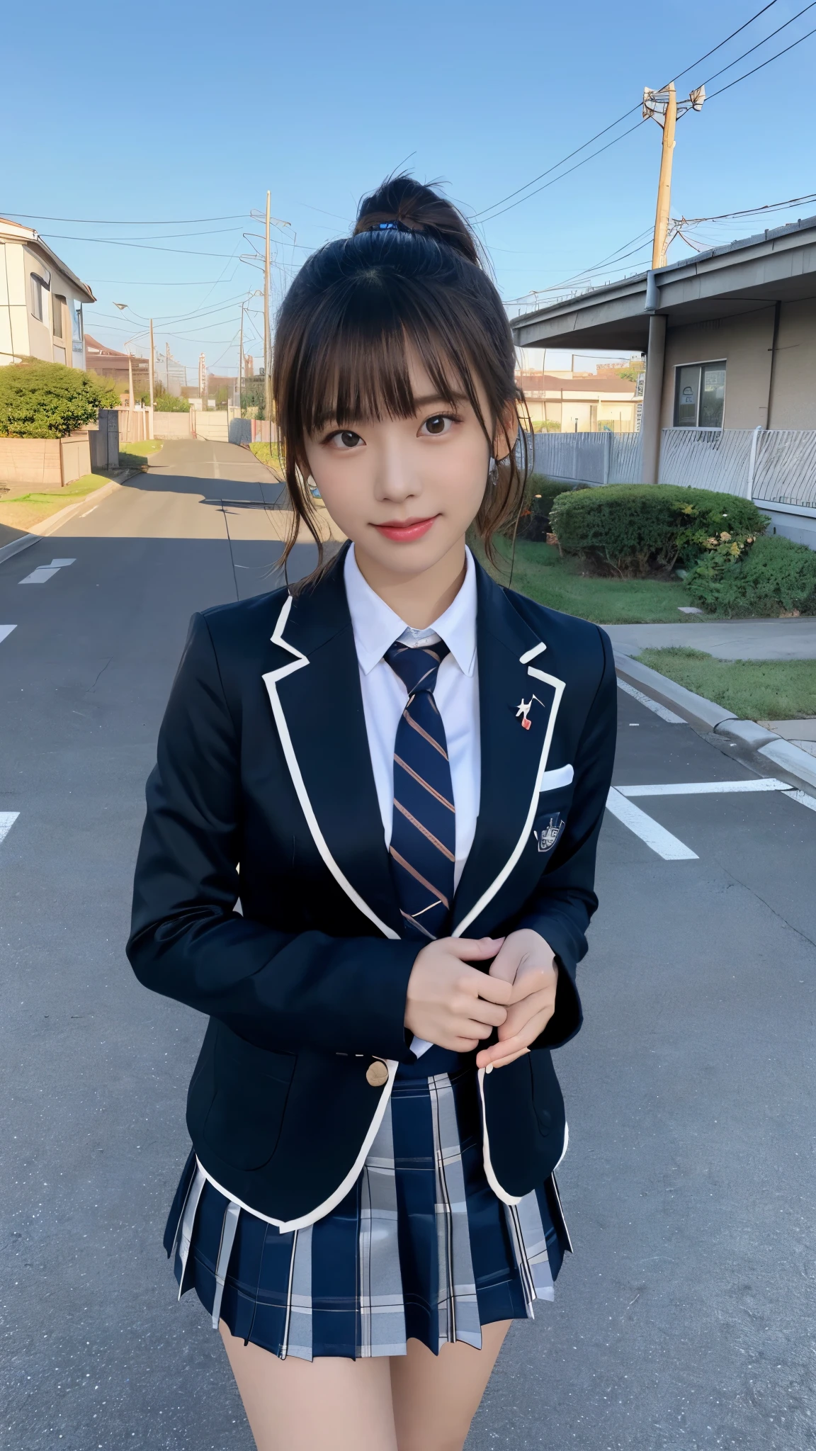 mix 4, (16K, Raw photo, best image quality, masterpiece: 1.45), (realistic, Photoreal: 1.37), one girl, cute, cityscape,, professional lighting, photon mapping, school classroom, Physically based rendering, dark brown hair,ponytail hairstyle, Beautiful well-groomed eyes、((double eyelid))、super cute girl, (((school uniform、blazer、Long-sleeved shirts worn by Japanese high school girls、ribbon tie、Navy blue super super super mini skirt,、dark blue socks、black loafers))), highest quality photos, High resolution, 1080P, (clear face), (Detailed facial description), (detailed description of hands), (masterpiece), (Detailed CG)、extreme light and shadow、messy hair、master work、Rich details、(detailed facial features)、(highest quality photos)、(Masseter muscle part)、(detailed eye)、look in front of you、thin clavicle、((slender and big))、(((Japanese high school girls wear long-sleeved shirts)))、((neat idol))、((school gate、schoolyard、School building in the background))、(Take photos from random viewpoints)、(((Anyway it's cute)))、earrings、big smile、Draw the whole body from the knees、Do not draw fine lines、(((Sports bags used by Japan schoolgirls)))、(small breasts:1.2)、small buttocks with tension、Two arms and two legs、(((from the front:0.7)))、bare hands、(((symmetrical eyes)))、standing pose、put your hands on the desk、Do not remove the tie from the jacket、