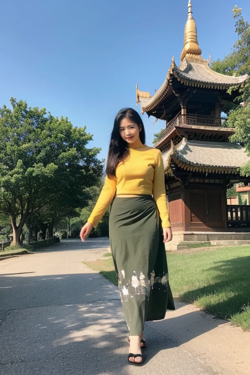 a beautiful girl with cute dimples, smiling, wearing
burmese dress, walking in Bagan's street, 4k,
ACMM LS OUTFIT, WEARING ACMM TOP OLIVE
GREEN ACMM TOP; LONG SLEEVES, WEARING
ACMM LONG SKIRT, OLIVE GREEN ACMM LONG
SKIRT, PRINTED SKIRT
OUTDOORS, SCENERY, TRADITIONAL MEDIA,
SKY, DAY, PHOTO BACKGROUND, REAL WORLD
LOCATION, ARCHITECTURE, NATURE, RUINS
LANDSCAPE, BAGAN ANCIENT PAGODA
BACKGROUND