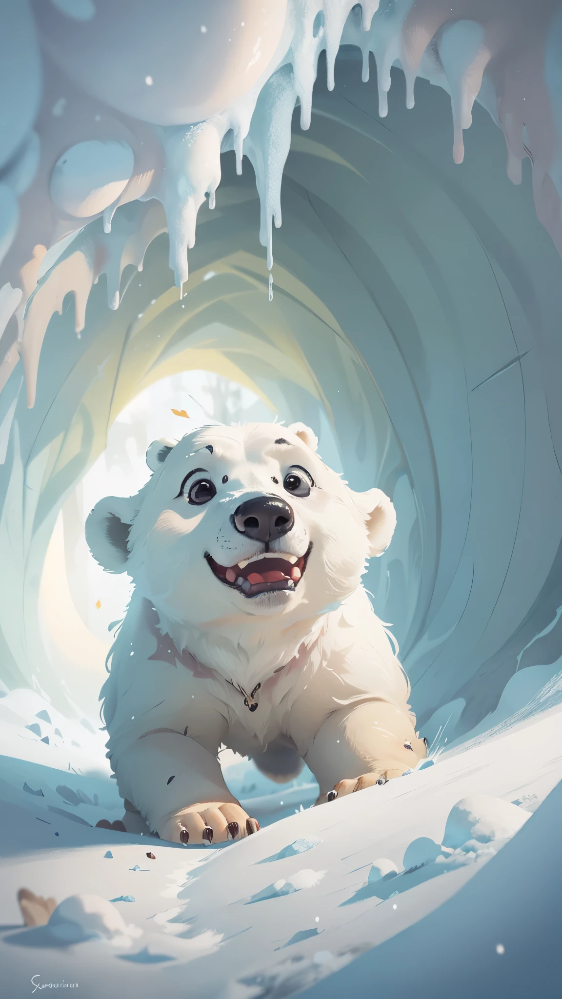 A cute polar bear jumps out of a snow cave,front view,close up, Pixar style, best quality, stills, very cute, big eyes, ,Very happy,high details, high quality, masterpiece, ccurate, super detail,