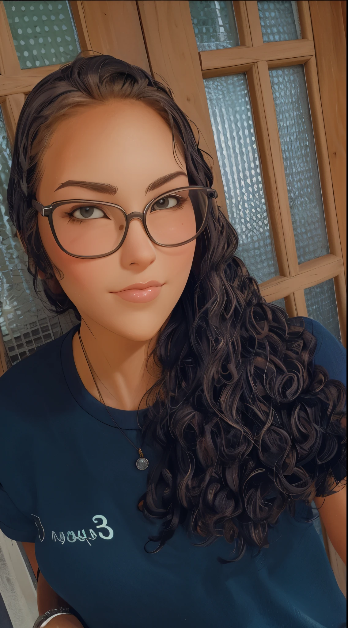Mulher, 20 anos, com cabelo castanho longo e cacheado, olho castanho, wearing glasses, desenho, cartoon