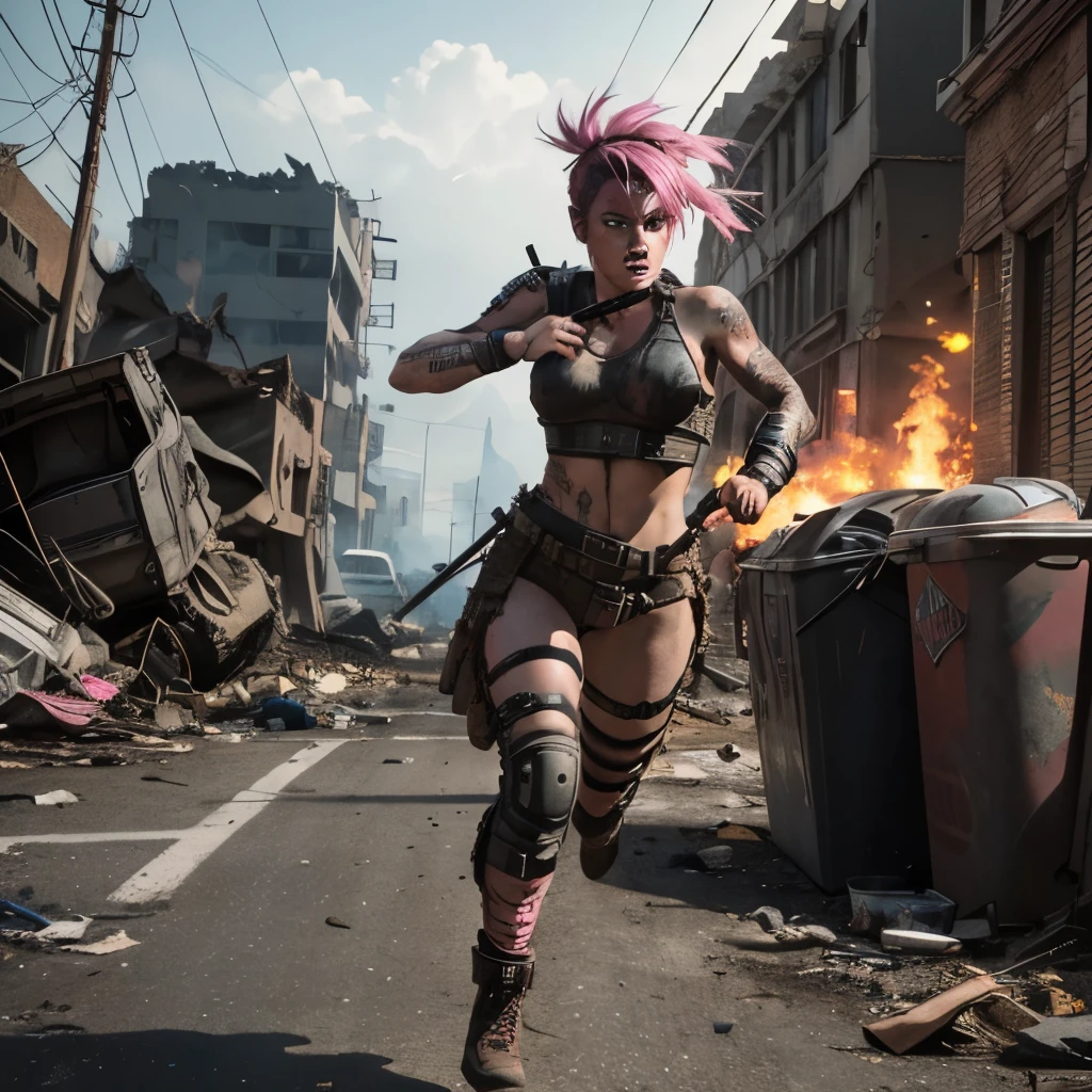 Action shot, post apocalyptic setting, apocalyptic young woman warrior, athletic build,tattooed, punk style short cropped neon pink hair, tribal face paint, reddish brown lips, light armor, firing weapon as she runs for cover behind burnt vehical, ruined street, crumbling buildings, trash can firepits, trash, debris, realistic, full body shot, 3/4 angle