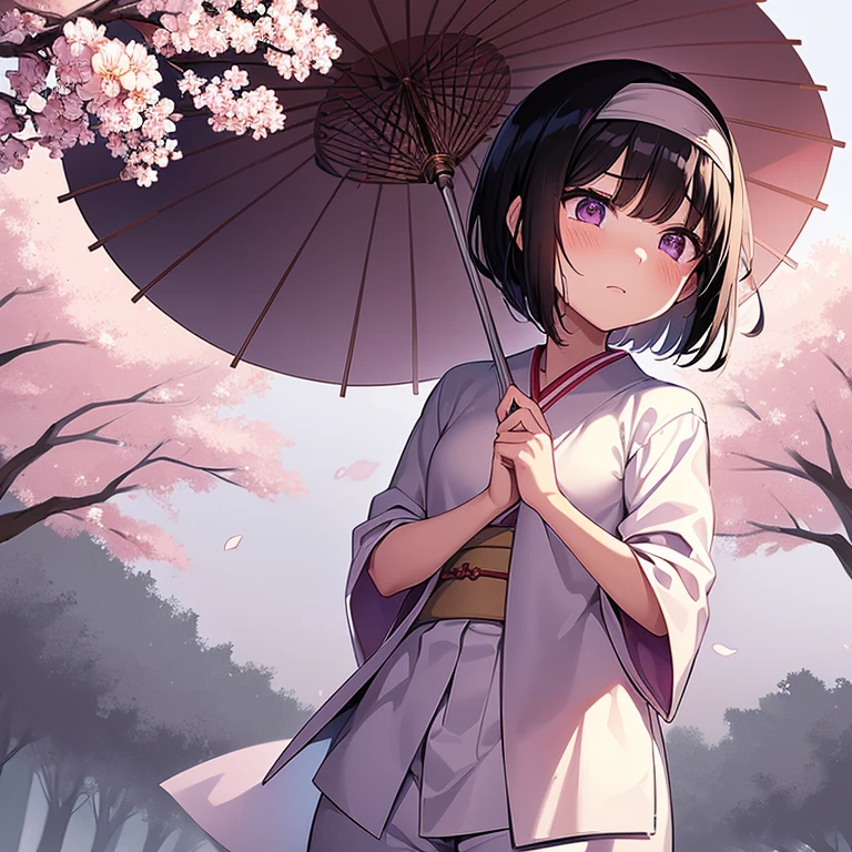 1 Little anime girl with short black hair and purple eyes and she has water on her face, she is wearing a white scratched up ancient Japanese shirt and long white ancient Japanese pants,  and wearing a purple headband, and she is looking sad and she is sweating and she is holding a cherry blossom leaf close to her chest and she is looking up in the sky in a forest filled with cherry blossoms and cherry blossoms leaves falling in the background while it’s raining hard