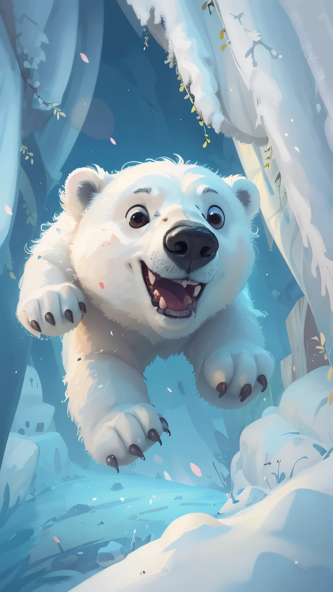 A cute polar bear jumps out of a snow cave，front view，close up, Pixar style, best quality, stills, very cute, big eyes,  ，Very happy，high details, high quality, masterpiece, ccurate, super detail，