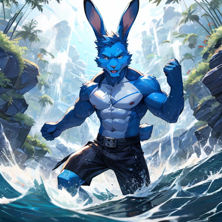 Rabbit Man，blue，water surging around body，Detailed character details