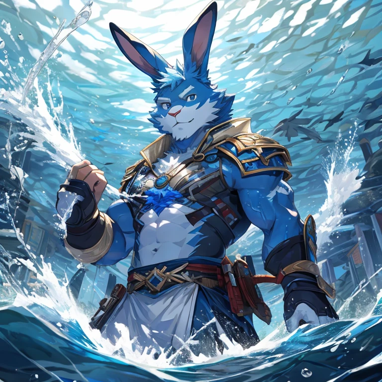 Rabbit Man，blue，water surging around body，Detailed character details