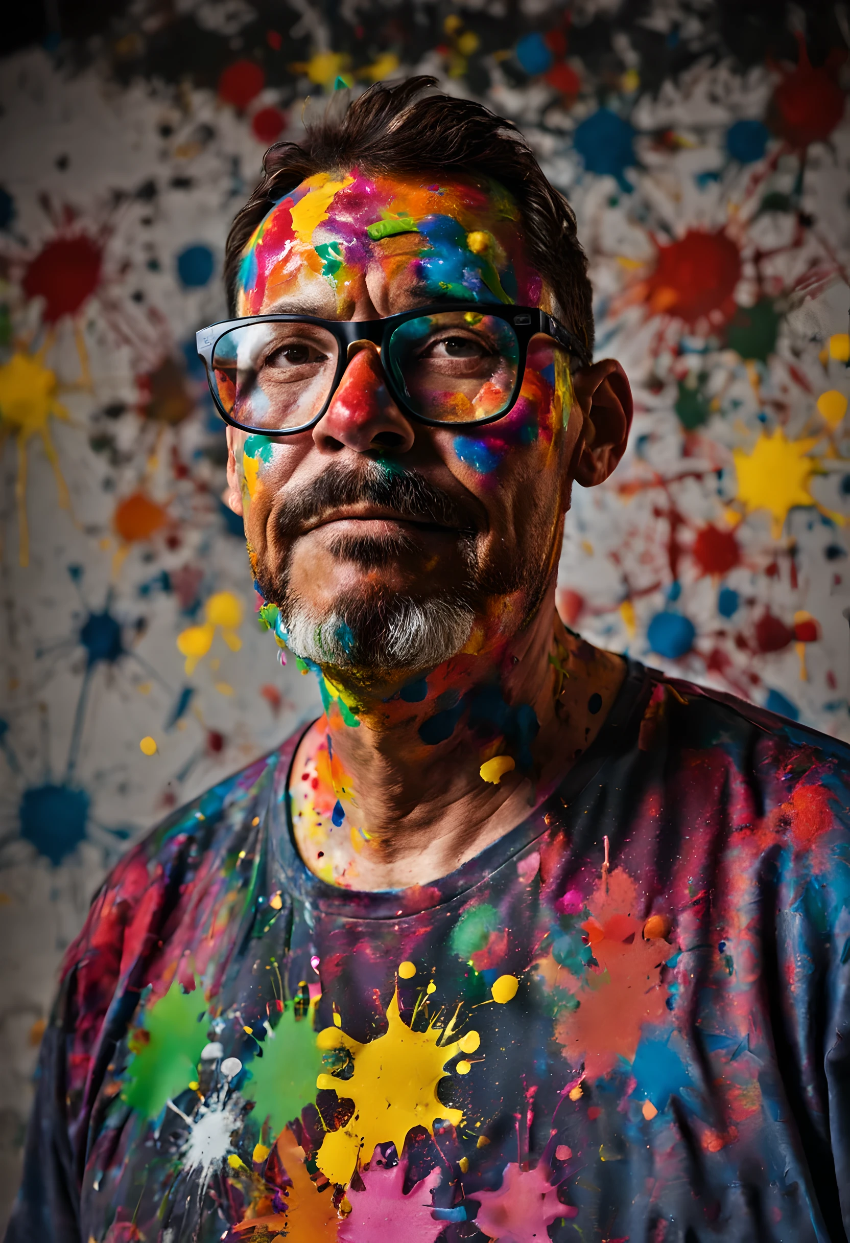 Portrait of a 48-year-old man wearing glasses, his face covered in colorful paint splatters. His clothing is also stained with colorful paint. The background features a wall with splash-style paint splatters. Realistic and detailed photography. Chiaroscuro lighting, 8k resolution.