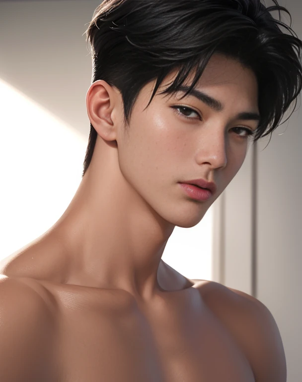 ((High quality)), ((masterpiece)), ((highly detailed)), perfect face, realistic, ((man)), ((Asian)), young, black hair, comma hair cut style, ((handsome)), detailed eyes, beautiful detailed nose, realistic body, realistic light, comfortable expressions, cute guy, sweat guy, cool guy, mascular body, shirtless