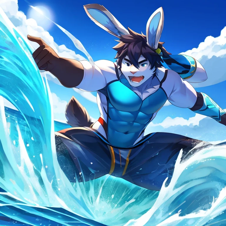Rabbit Man,blue,water surging around body,Detailed character details