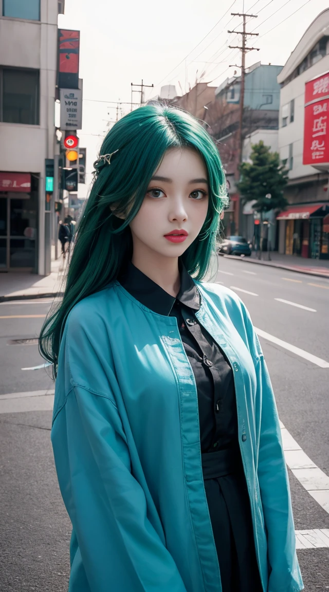 a girl with green hair standing in the street, in the style of he jiaying, dark teal and light teal, pure color, webcam photography, soft shading, salon kei, dark azure and green 