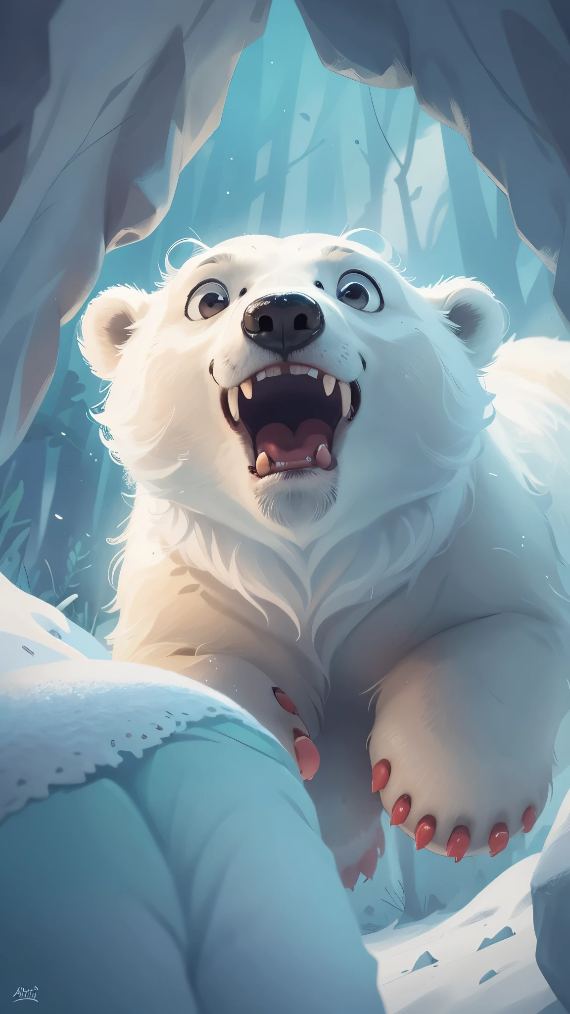 A cute polar bear jumps out of a snow cave,front view,close up, Pixar style, best quality, stills, very cute, big eyes, ,Very happy,high details, high quality, masterpiece, ccurate, super detail,