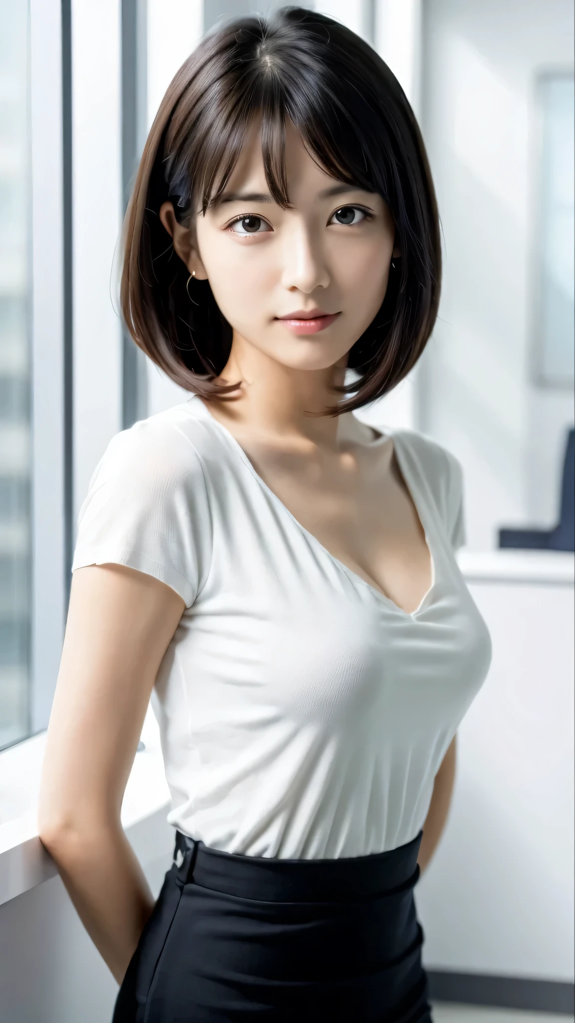 High resolution、Photoreal、hyper realism、woman portrait、whole body、slender body、realistic、beautiful japanese woman、、black haired、lots of bangs、medium bob、detailed face、detailed lips、fine eyes、Glossy skin、one person、Ideal beauty、medium breasts、black suit jacket、white thin v-neck t-shirt、black pencil skirt、(Breast flick:0.2)、office、background is faded