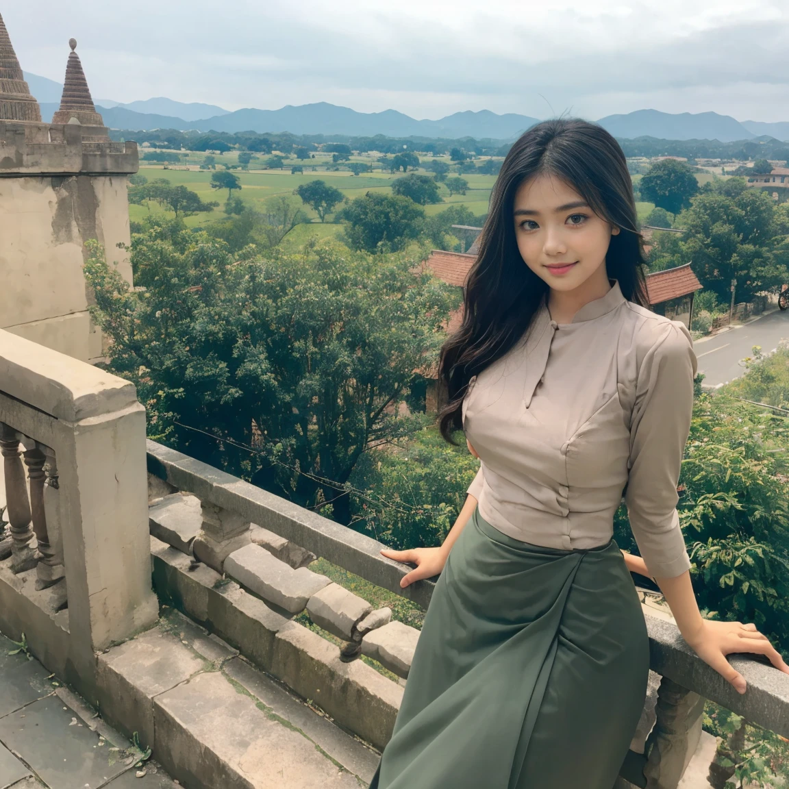 a beautiful girl with cute dimples, smiling, wearing
burmese dress, walking in Bagan's street,
ACMM LS OUTFIT, WEARING ACMM TOP OLIVE
GREEN ACMM TOP; LONG SLEEVES, WEARING
ACMM LONG SKIRT, OLIVE GREEN ACMM LONG
SKIRT, PRINTED SKIRT
OUTDOORS, SCENERY, TRADITIONAL MEDIA,
SKY, DAY, PHOTO BACKGROUND, REAL WORLD
LOCATION, ARCHITECTURE, NATURE, RUINS
LANDSCAPE, BAGAN ANCIENT PAGODA
BACKGROUND