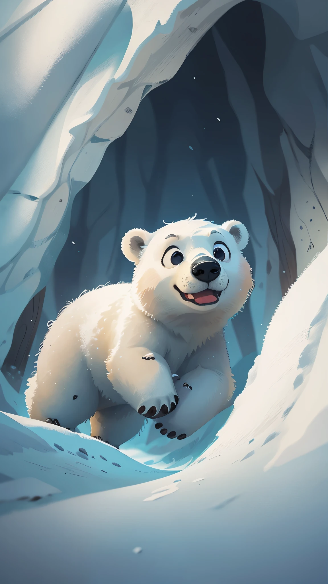 A cute polar bear jumps out of a snow cave，front view，close up, Pixar style, best quality, stills, very cute, big eyes,  ，Very happy，high details, high quality, masterpiece, ccurate, super detail，