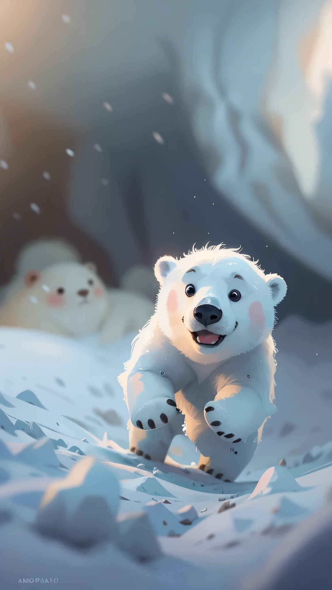 A cute polar bear jumps out of a snow cave，front view，close up, Pixar style, best quality, stills, very cute, big eyes,  ，Very happy，high details, high quality, masterpiece, ccurate, super detail，