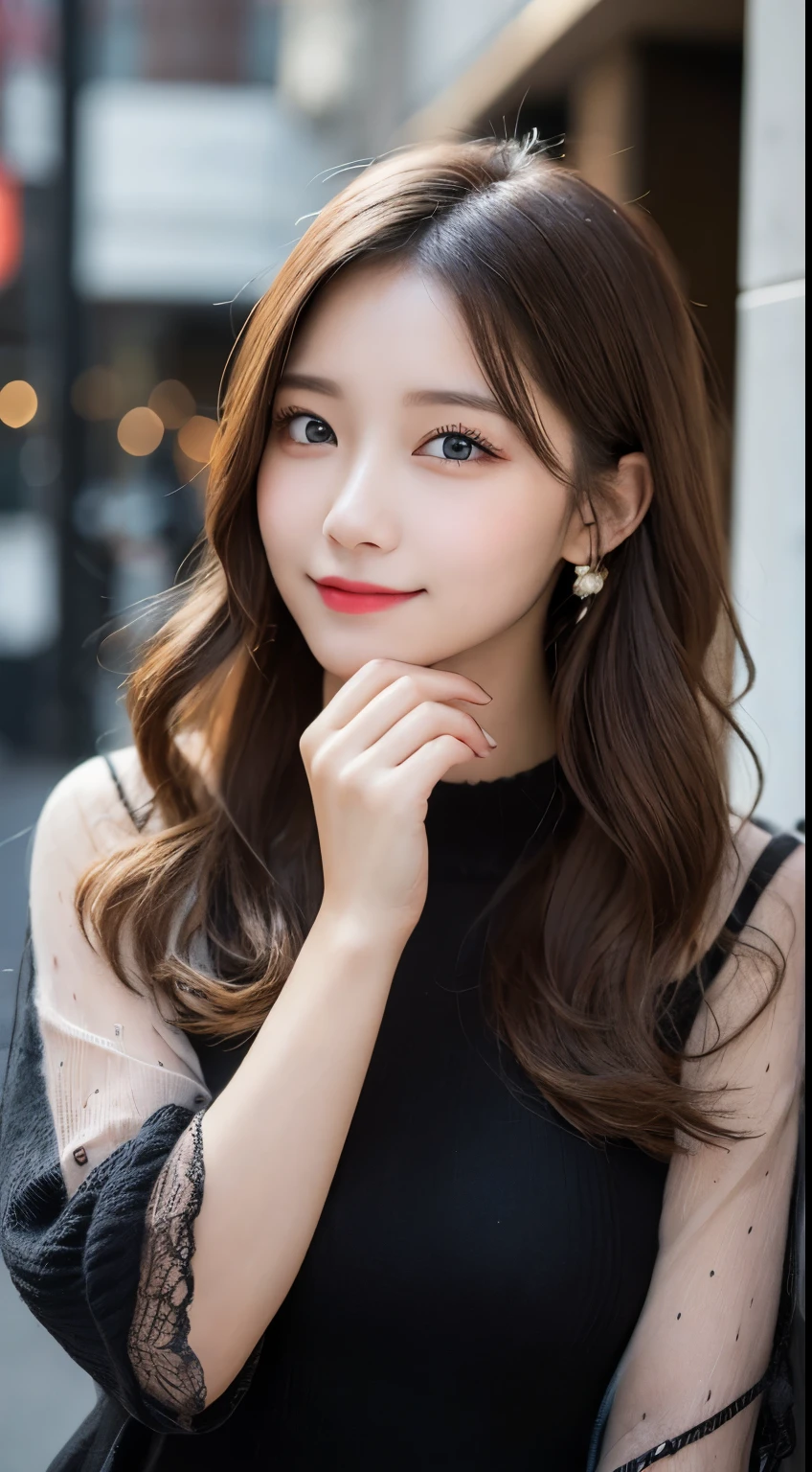 table top, highest quality, shape, Super detailed, finely, High resolution, 8k wallpaper, 完璧なダイナミックな構shape, beautiful and detailed eyes, medium hair, small breasts, natural color lip, random sexy pose,smile,big city、20 year old girl、midnight、beautiful and detailed face、perfect and beautiful face,Big eyes、beautiful detailed face、blur the background、latest trend luxury winter dresses（black、setup）