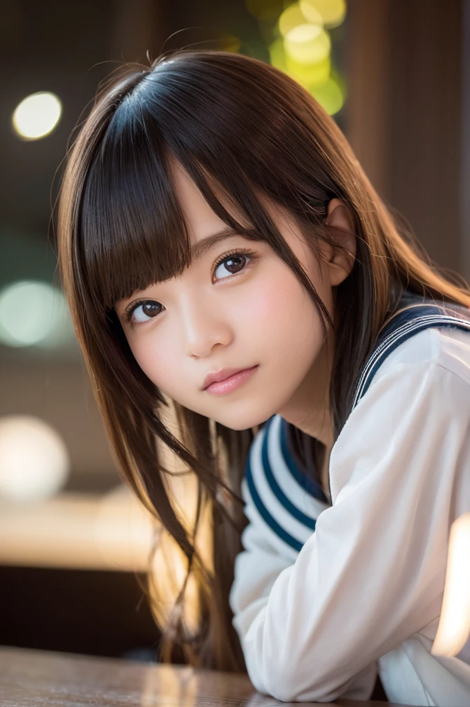 table top, highest quality, 8K, 18 year old student, Ten generations, RAW photo, absurd, award-winning portraits, smile, alone, night, neon, idol face, delicate girl, Upper body, Digital single-lens reflex camera, looking at the viewer, Frank, Sophisticated, thin arms, professional lighting, film grain, chromatic aberration, (Eye and face details:1.0), (Bokeh:1.1) , sailor suit , close your mouth , short hair , long hair 